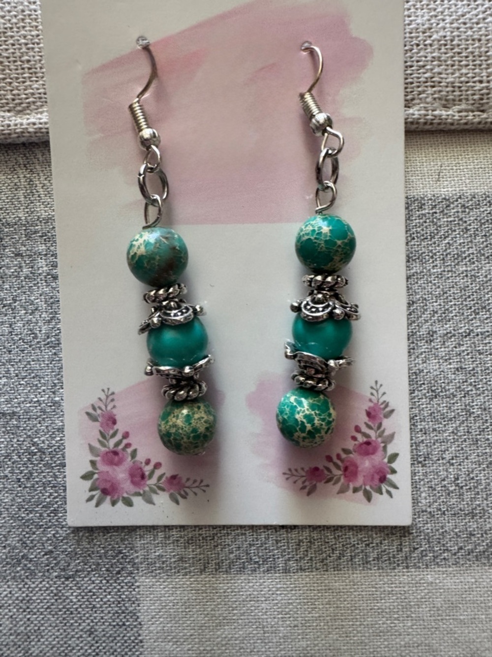 Turquoise Bead Dangle Earrings - Silver Accents
